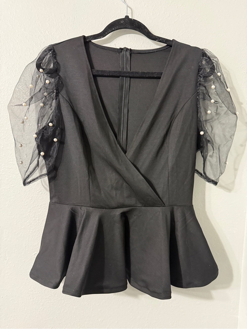 Cute Going Out Top Peplum Waist Sheer Sleeves Pearl Details Cross Front Size M